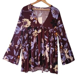 NWT Free People Bella Floral Wine Bell Sleeve Blouse Small